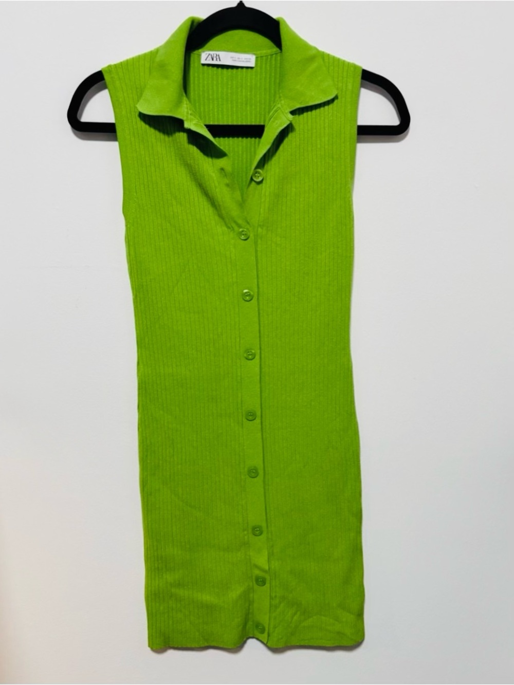 Zara Bright Green Ribbed Tank Button-Down  Sleeveless
Mini Dress S